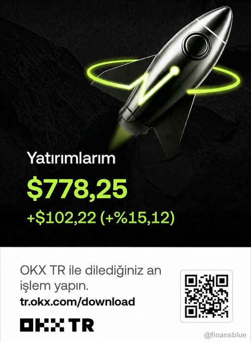 An advertisement for OKX TR showing a green rocket ship, investment value of $778.25, profit of +$102.22 (+15.12%), a QR code, and the URL tr.okx.com/download.