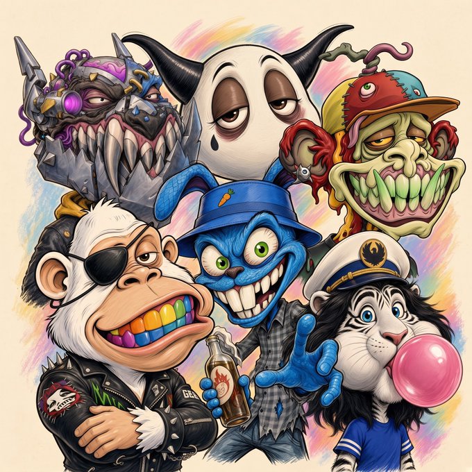 A colorful illustration featuring a chaotic assembly of cartoonish NFT characters—including a punk with a metal mohawk, a ghost-like figure, a wide-grinning monkey with a rainbow grill, a blue rabbit-like character in a bucket hat holding a bottle labeled "OG," and a zebra in a sailor cap blowing pink bubblegum—captures the playful, rebellious spirit of a "Degens Assemble" crew.