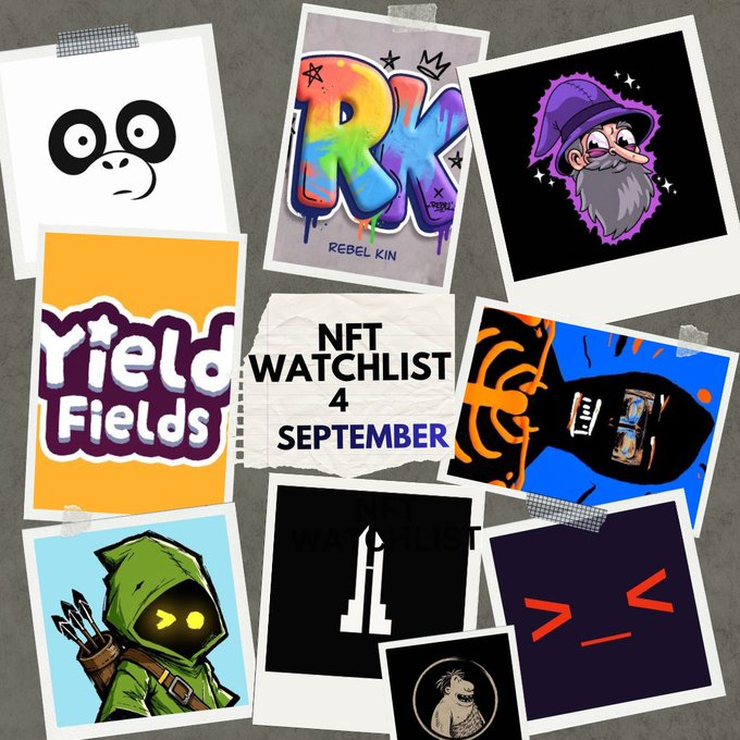 The image is a collage of NFT artwork arranged like polaroids on a wall, featuring a central torn-paper note reading "NFT WATCHLIST 4 SEPTEMBER" surrounded by various character designs including a panda, a bearded wizard, a green-hooded archer, and stylized logos for projects like "RK Rebel Kin," "Yield Fields," and "Kokomo." The collage visually showcases the 11 featured NFT projects from the watchlist, with their artwork and branding displayed alongside the central title announcing the September alpha selection.
