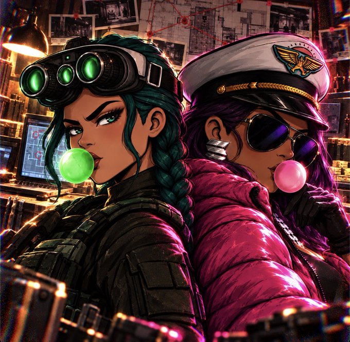 A colorful cyberpunk-style illustration of two women in a control room, one wearing glowing goggles and blowing green bubble gum and the other wearing a pilot cap and sunglasses while blowing pink bubble gum.