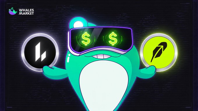 A teal cartoon whale character wearing sunglasses with dollar signs, holding two cryptocurrency coins (Bitcoin and another token), with a "Whales Market" logo in the top left corner.