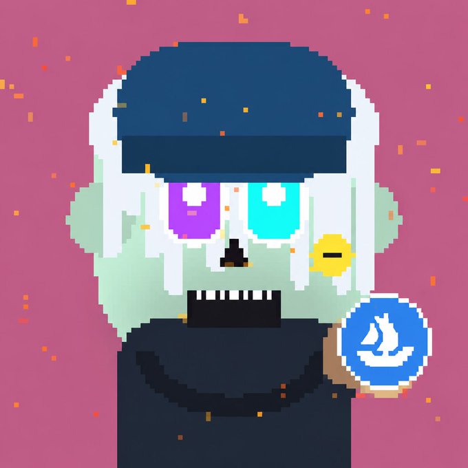 A pixel art illustration of a skeleton pirate with mismatched purple and cyan eyes, wearing a dark captain's hat and a yellow earring, set against a pink background with floating orange confetti. The pirate holds a blue OpenSea logo orb, visually referencing the upcoming NFT mint drop announced in the post.