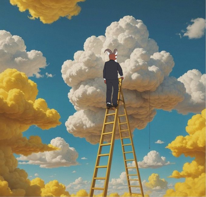A surreal illustration shows a figure with horn-like headwear climbing a tall golden ladder up into billowy white and yellow clouds against a blue sky.