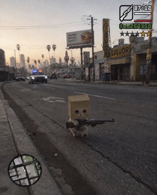 A cat with a cardboard box on its head stands on a city street holding a large rifle, with a video game HUD showing $00250350 in money and a 6-star wanted level. The meme humorously illustrates the poster's bold claim of potentially earning "a million future dollars" from ZCAT tokens, reflecting the absurd confidence of holding $zcat while expecting massive gains.