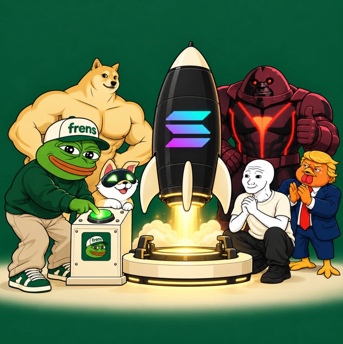 A colorful cartoon-style scene shows Pepe the Frog operating a “frens” button beside a rocket, with Doge, a red armored figure, a white meme-like character, and Donald Trump nearby.