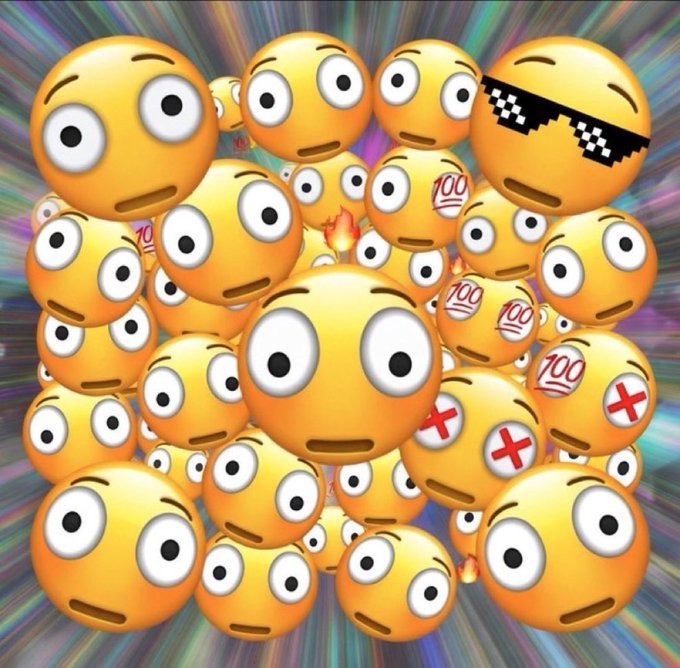 A vibrant cluster of various yellow emoji faces, including shocked expressions, deal-with-it shades, 100 marks, and X-eyes, set against a colorful streaked background.
