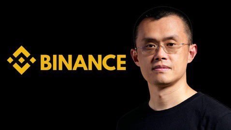 A portrait of Binance founder CZ (Changpeng Zhao) next to the yellow Binance logo on a black background.