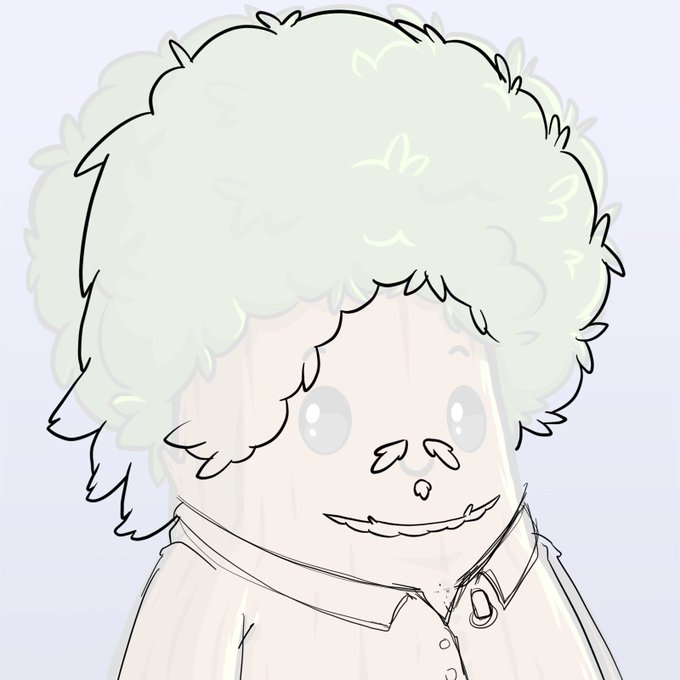 A cartoon-style drawing depicts a character with a large, puffy cloud-like hairstyle and wide eyes wearing a collared shirt.