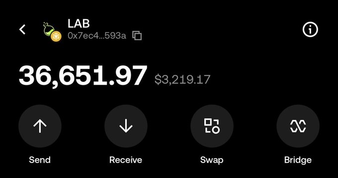 A crypto wallet interface displays a token labeled 'LAB' with a balance of 36,651.97 (valued at $3,219.17), featuring buttons for Send, Receive, Swap, and Bridge.