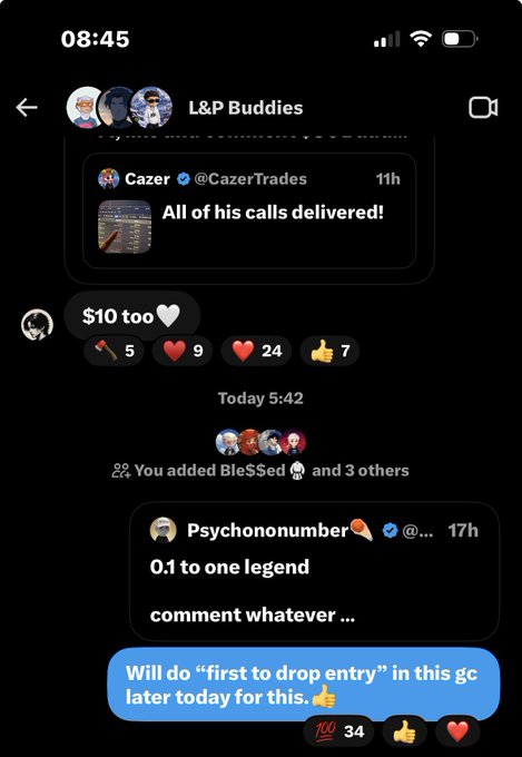 A Twitter/X group chat screenshot titled "L&P Buddies" shows Cazer (@CazerTrades) posting "All of his calls delivered!" and Psychononumber replying "0.1 to one legend" with the user responding they'll do a "first to drop entry" in the GC later. The image supports the post announcing two giveaway winners—one from comments and one from the group chat—in the coming hours.