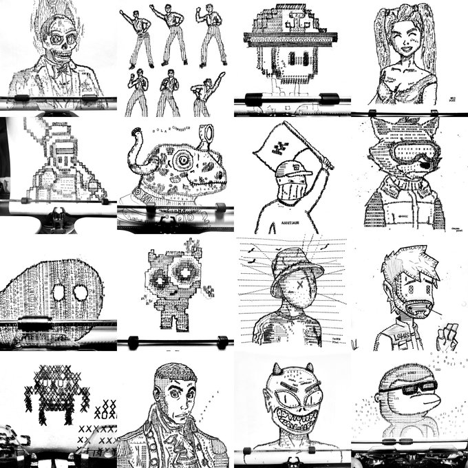 A grid of black and white doodle-style illustrations featuring pixelated and line-drawn characters, including a house, an elephant, a tank, and various people.