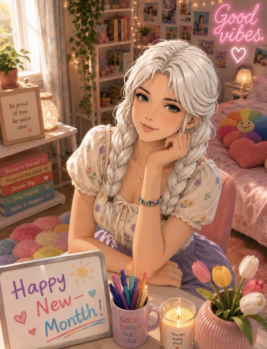 An anime-style illustration of a silver-haired girl in a cozy room with a 'Happy New Month!' sign, tulips, and a 'GOOD VIBES' neon light.