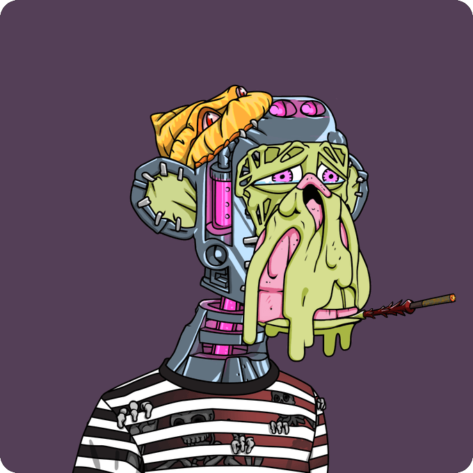 A grotesque cartoon illustration of a zombie-like figure with green oozing skin, a metal head contraption exposing pink brains, wearing a striped shirt and smoking a spiked cigarette.