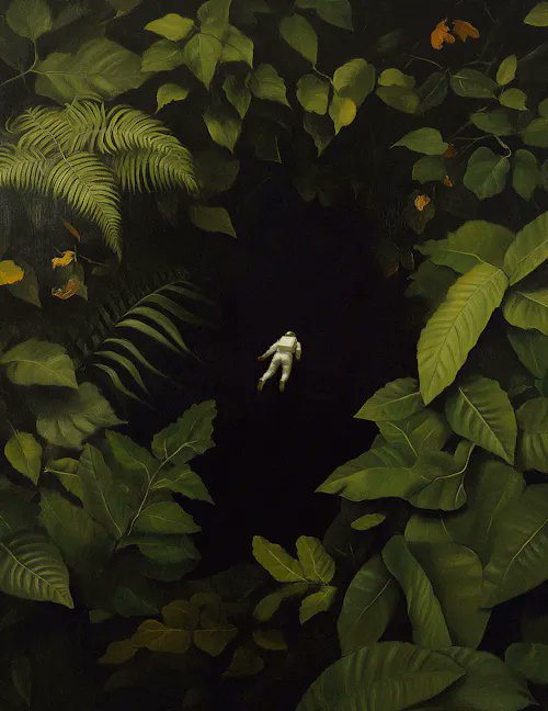 The image features a painting of an astronaut floating through a dense jungle filled with leaves. The artist has captured the sense of adventure and exploration that comes with venturing into unknown territory. The colors used are vibrant, with shades of green from the foliage contrasting beautifully against the white of the astronaut's suit and helmet, which adds to the overall impact of the piece.