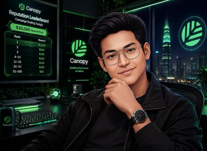 An illustrated promotional image shows a young man with glasses at a computer setup, with text including 'Canopy Reputation Leaderboard', 'Campaign Ending Tonight!', '$10,000 Reward Pool', and 'Building the Future on Merit'.
