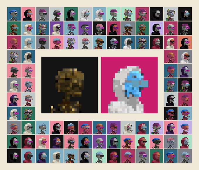 The image displays a grid of pixelated character portraits from a NFT collection, with two larger portraits featured prominently in the center—one of a golden figure on black and one of a white and blue figure on pink. The collection appears to be associated with the artist's complaint about a billionaire who failed to support their artist-driven NFT marketplace.