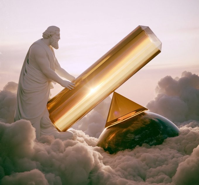 A classical marble statue pushes a giant golden cylindrical crystal down a ramp atop a cloud-surrounded globe, symbolizing the launch of a groundbreaking crypto protocol. The imagery of the powerful figure positioning the golden crystal into a precise geometric slot conveys the "first launch protocol" milestone for memecoins paired with leveraged real-world assets on the Robinhood chain.