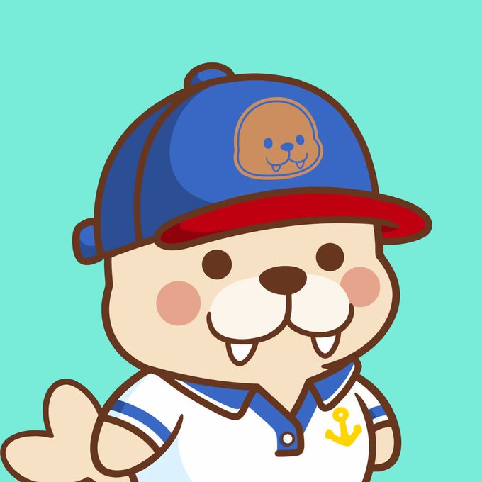 A cartoon illustration of a smiling character resembling a walrus or sea lion wearing a blue and red baseball cap with a skull logo, dressed in a white and blue shirt with an anchor emblem.