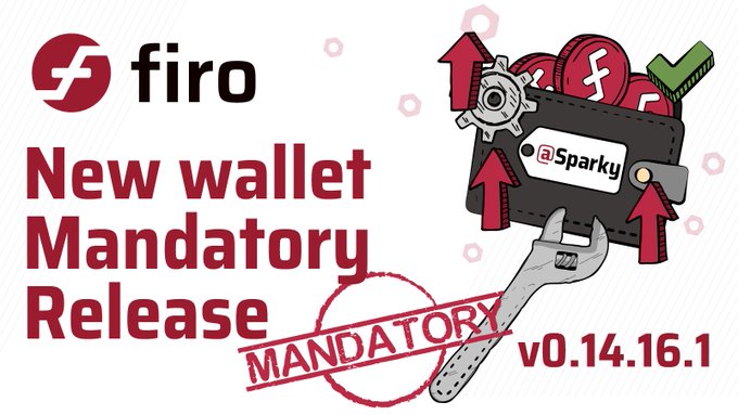 The image features a poster for Firo, an open source wallet platform. The poster includes a red circle with a wrench inside of it, which is used as a symbol for the new wallet mandate release. The text on the poster states that all wallets, nodes, and masternodes must update before block 1,329,000 (approximately 22 June 2026). This means that users need to ensure their wallets are updated and ready for deployment in order to avoid any potential issues or delays during this critical period.