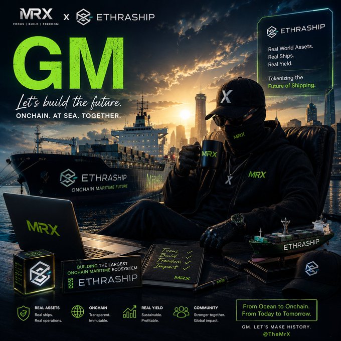 A digital promotional graphic for MRX and ETHRASHIP featuring a person in black branded clothing holding a cup, with text reading 'GM Let's build the future. ONCHAIN. AT SEA. TOGETHER.' and 'From Ocean to Onchain. From Today to Tomorrow.'