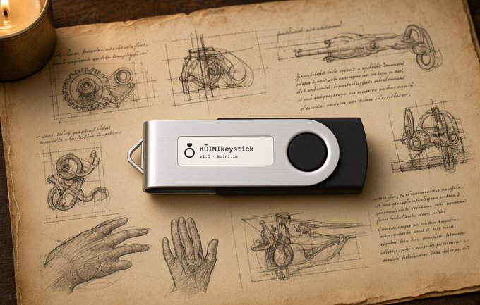 A KoinlyStick (v1.0) hardware wallet resting on an aged parchment featuring Renaissance-style sketches of mechanical devices and hands, styled like Leonardo da Vinci's notebooks, with a candle in the corner.