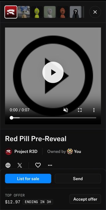 OpenSea NFT listing for 'Red Pill Pre-Reveal' by Project R3D, showing a 7-second video preview with a top offer of $12.97 ending in 3 hours.