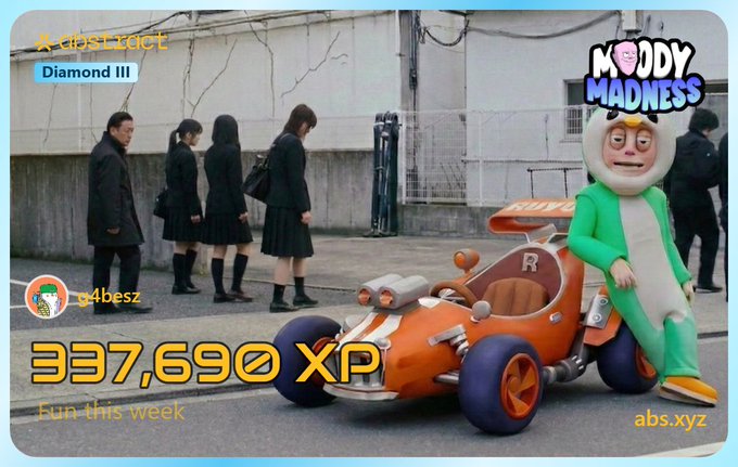 A gaming promotional image shows students in school uniforms in the background with an orange race car and a green cartoon character in the foreground, advertising '337,690 XP' for 'A-class | LECT | Diamond III' on abs.xyz.