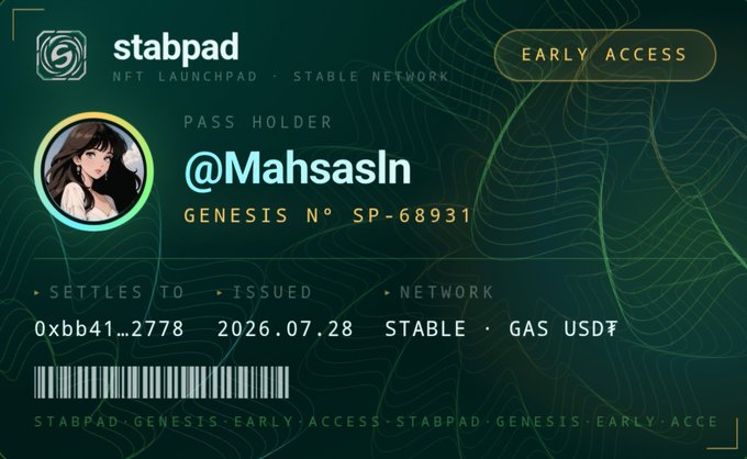 A green digital pass card for 'stabpad NFT LAUNCHPAD · STABLE NETWORK' identifies the holder as @MahsasIn with Genesis N° SP-68931, noting it settles to a wallet on the STABLE network using GAS USDT.