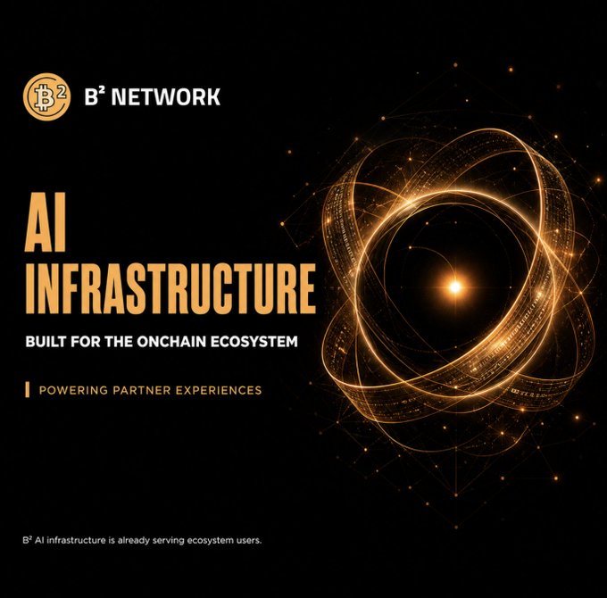 A promotional graphic for B² Network against a black background, featuring a glowing golden spherical wireframe design on the right and the bold text "AI INFRASTRUCTURE — BUILT FOR THE ONCHAIN ECOSYSTEM / POWERING PARTNER EXPERIENCES" on the left, with the B² Network logo at the top, visually reinforcing their message that live AI infrastructure is already serving onchain partner use cases.