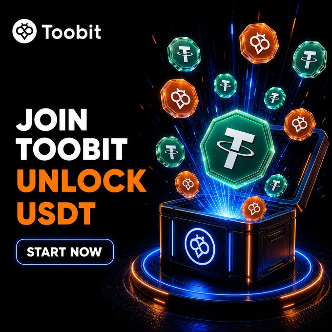 Promotional ad for the Toobit cryptocurrency exchange with the text "JOIN TOOBIT UNLOCK USDT" and a "START NOW" button, featuring 3D-rendered Tether coins emerging from a glowing treasure chest.