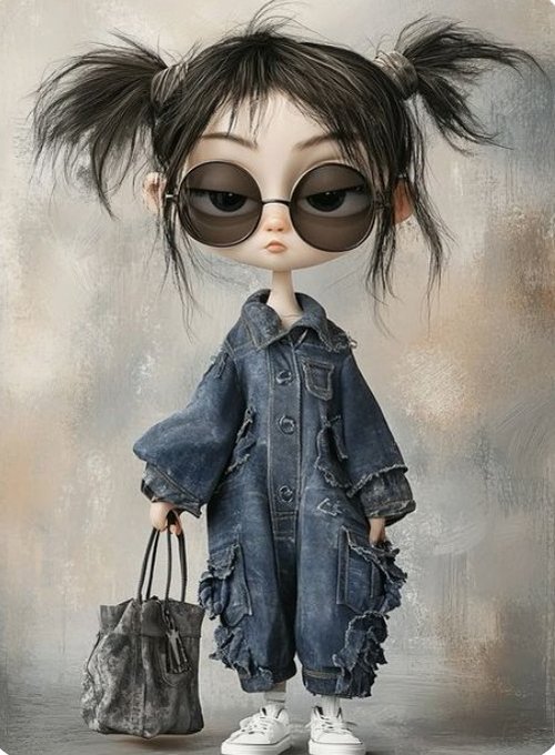 An illustrated doll-like character with messy pigtails, large dark sunglasses, an oversized distressed denim jacket, and white sneakers holds a worn handbag.