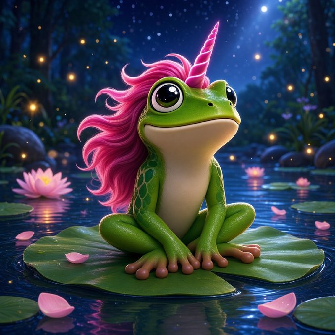 A 3D-style illustration shows a cute green frog with large eyes and a pink unicorn horn and mane, sitting on a lily pad in a glowing pond surrounded by lotus flowers and fireflies.