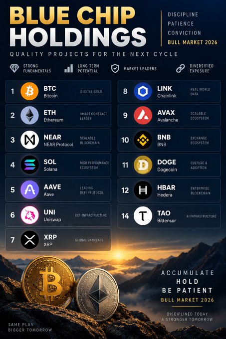An infographic titled "BLUE CHIP HOLDINGS: Quality Projects for the Next Cycle" with the tagline "Bull Market 2026" lists 14 cryptocurrency holdings (BTC, ETH, NEAR, SOL, AAVE, UNI, XRP, LINK, AVAX, BNB, DOGE, HBAR, and TAO), each paired with a brief description and categorized under four pillars: Strong Fundamentals, Long Term Potential, Market Leaders, and Diversified Exposure. The post's note about $700K in holdings (10% of deployed capital) directly illustrates the infographic's emphasis on accumulating high-conviction blue-chip crypto assets with discipline and patience ahead of the 2026 bull cycle.