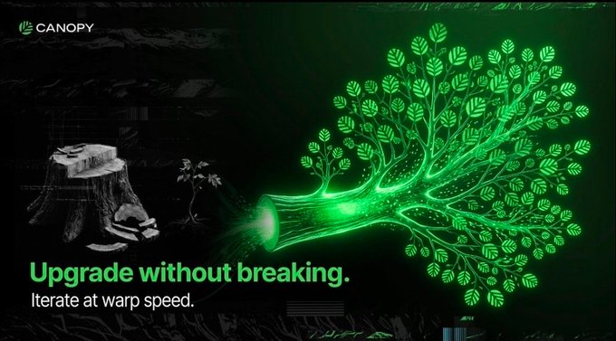 A Canopy promotional image with green glowing tree artwork and the tagline 'Upgrade without breaking. Iterate at warp speed.'