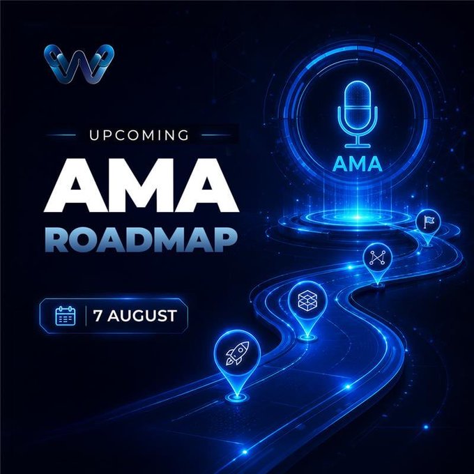 A futuristic blue-toned promotional graphic for W Chain announces an "UPCOMING AMA ROADMAP" event scheduled for "7 AUGUST," featuring a glowing microphone icon, a winding roadmap path with location pins depicting a rocket, package, network, and flag, alongside the W Chain logo. The image aligns with the post by promoting an AMA session, which the recap explains has transitioned to X Spaces due to prior Telegram access issues for iOS users.
