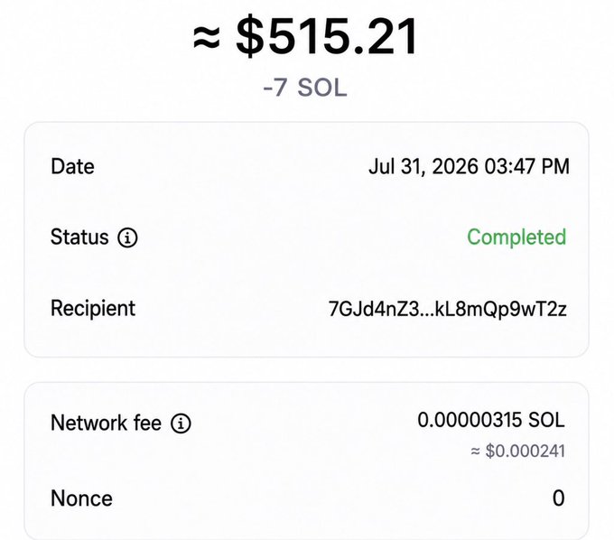 A completed cryptocurrency transaction screenshot showing approximately $515.21 (7 SOL) sent on Jul 31, 2026, with a minimal network fee of 0.00000315 SOL, serving as proof of the prize giveaway mentioned in the tweet. The recipient address and status confirm the transfer was successfully executed.