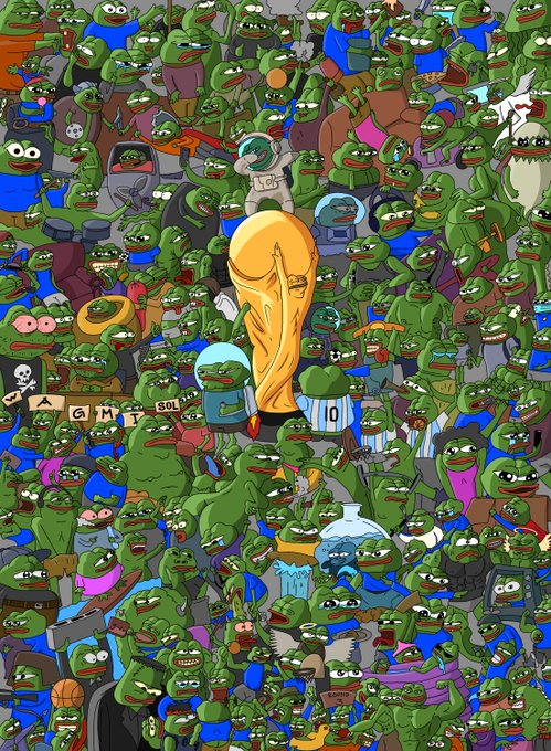 A densely packed digital illustration featuring the golden FIFA World Cup trophy surrounded by hundreds of cartoonish green Pepe the Frog characters in various outfits.