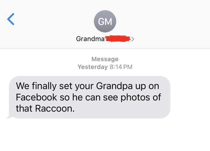 A text message screenshot from 'Grandma' (GM) reading: 'We finally set your Grandpa up on Facebook so he can see photos of that Raccoon.'