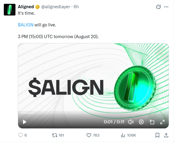 The image shows a tweet from Aligned (@alignedlayer) announcing that $ALIGN will go live at 3 PM (15:00) UTC on August 20, featuring a promotional graphic with "$ALIGN" text and a green circular logo. This corresponds to the Vietnamese post announcing the official TGE (Token Generation Event) of $ALIGN at 10 PM Vietnam time on August 20.