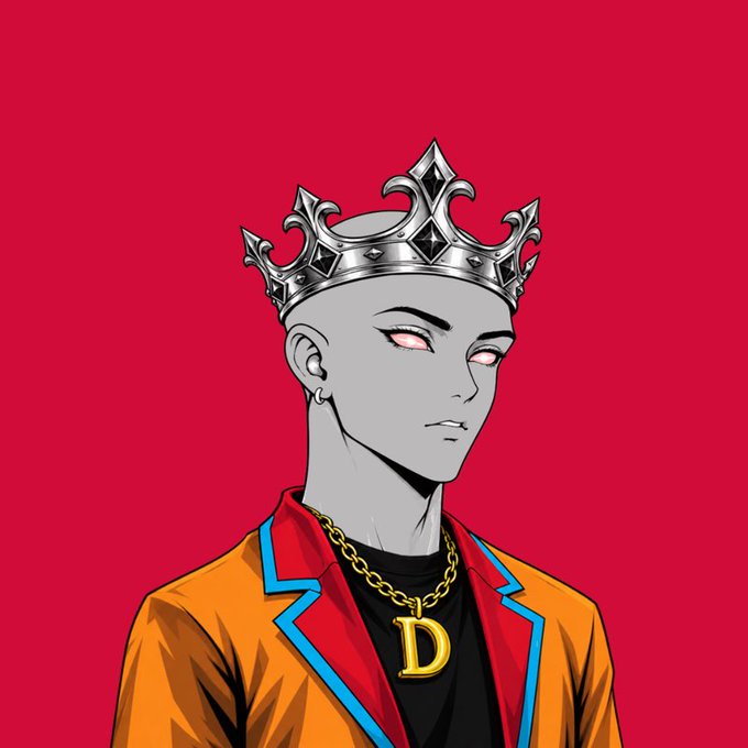 A stylized illustration depicts a crowned figure with gray skin, glowing white eyes, and an orange and red suit, wearing a gold chain with a prominent "D" pendant—likely representing a character or NFT artwork tied to the free mint airdrop promotion.