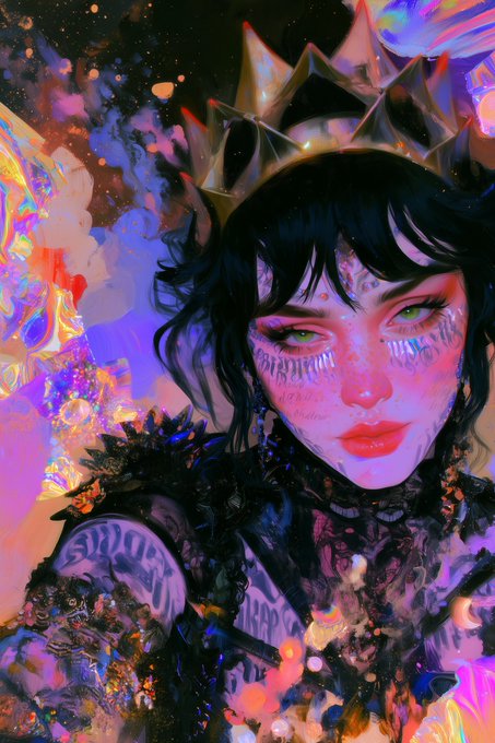 A vibrant digital artwork of a woman wearing a spiked crown, featuring colorful paint splatters, starry patterns, and text like 'STRONGER' and 'HAPPIER' on her dark outfit.