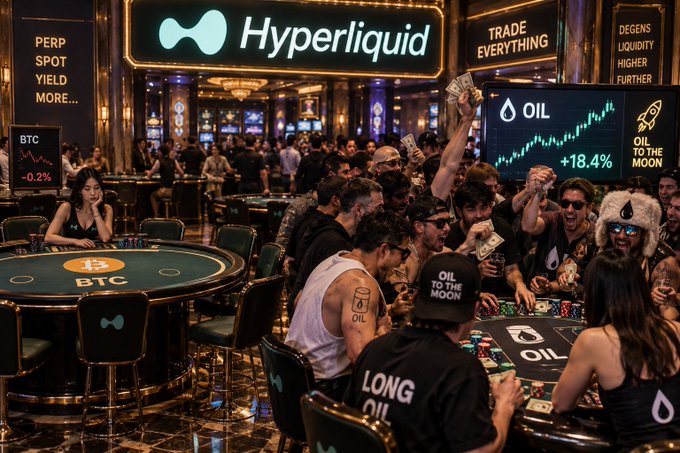 A satirical AI-generated image depicting a chaotic 'Hyperliquid' casino scene with people gambling on BTC and OIL (+18.4%) with slogans like 'PERP SPOT YIELD MORE' and 'OIL TO THE MOON'.