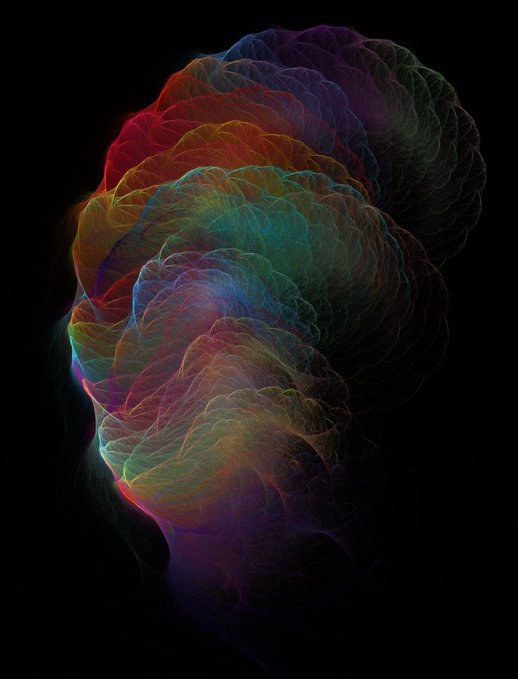 An abstract digital artwork depicting a human head composed of colorful, swirling wireframe layers in red, green, blue, and purple against a black background.