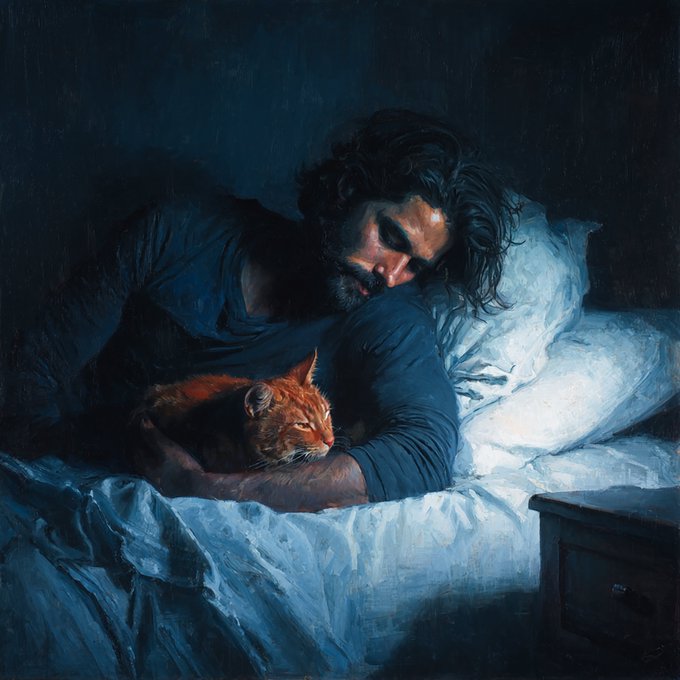 A moody, blue-toned painting of a bearded man sleeping in bed, tenderly cradling an orange tabby cat.