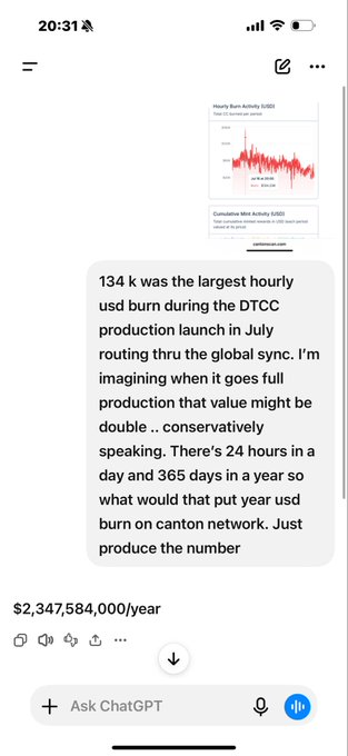 A ChatGPT conversation screenshot analyzing DTCC burn rates, calculating that 134k hourly USD burn could reach $2,347,584,000/year at full production on the Canton network.