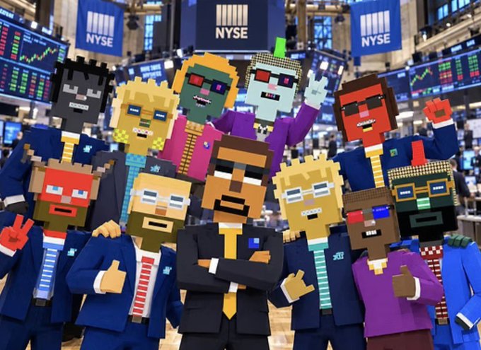 A group of pixel-art/blocky characters dressed in suits posing on the New York Stock Exchange (NYSE) trading floor.