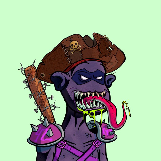 A cartoon illustration of a purple-skinned character wearing a tattered pirate hat with a skull and crossbones, baring sharp teeth and a long tongue dripping green slime.