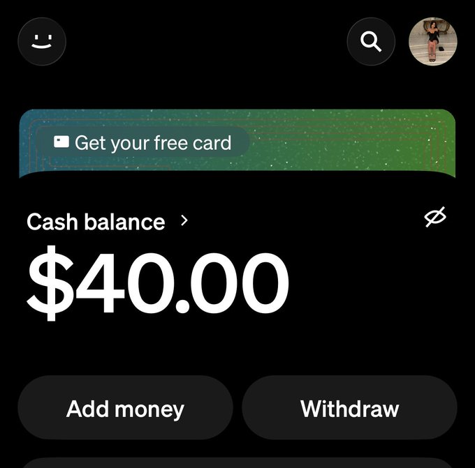 A mobile banking app screen showing a Cash App balance of $40.00 with options to 'Add money' or 'Withdraw', featuring a 'Get your free card' banner.