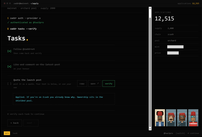 Terminal interface displaying zaddr tasks, including "follow @zaddornet" and "Like and comment on the latest post," with an applications counter on the right showing 12,515.