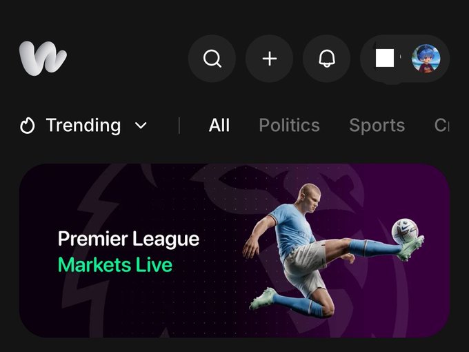 A mobile app screenshot of the Whydle platform showing a 'Premier League Markets Live' banner with a soccer player kicking a ball, under trending and category tabs.